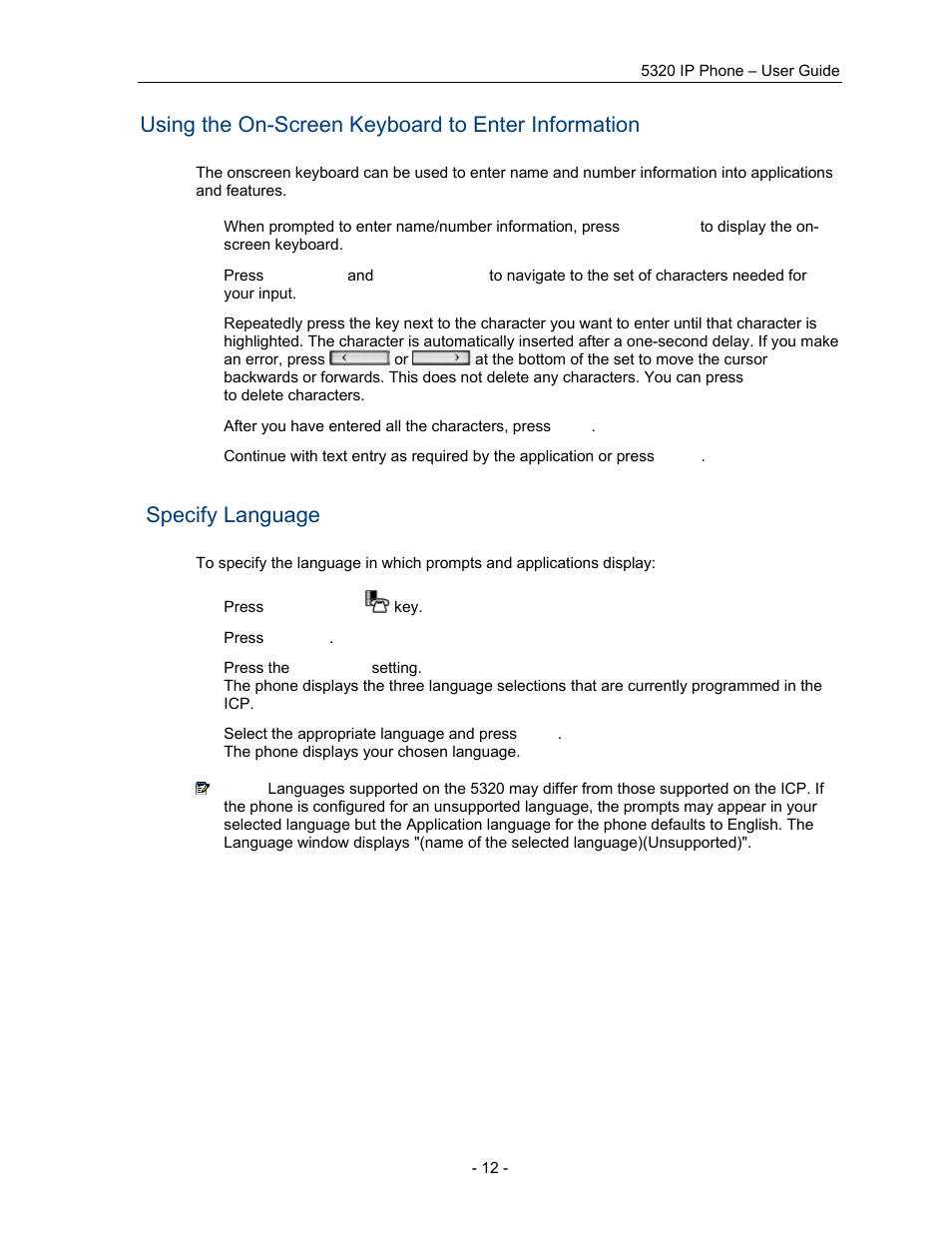 Using the on-screen keyboard to enter information, Specify language | Mitel COMMUNICATION DIRECTOR 5320 User Manual | Page 18 / 58