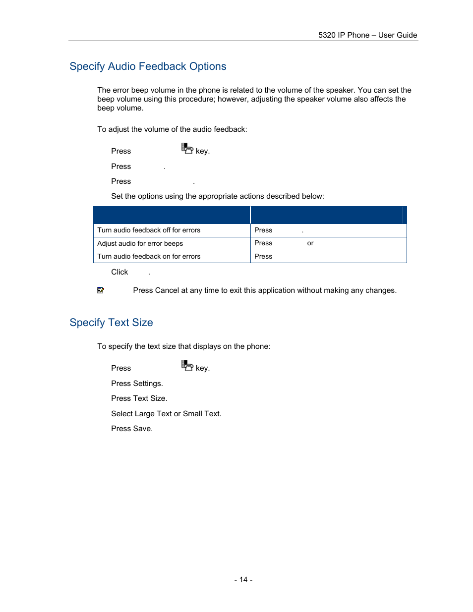 Specify audio feedback options, Specify text size | Mitel COMMUNICATION DIRECTOR 5320 User Manual | Page 20 / 58