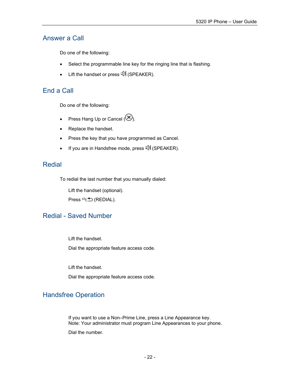 Answer a call, End a call, Redial | Redial - saved number, Handsfree operation | Mitel COMMUNICATION DIRECTOR 5320 User Manual | Page 28 / 58