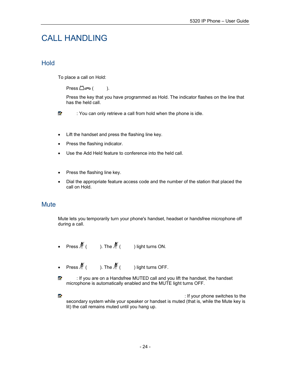 Call handling, Hold, Mute | Mitel COMMUNICATION DIRECTOR 5320 User Manual | Page 30 / 58