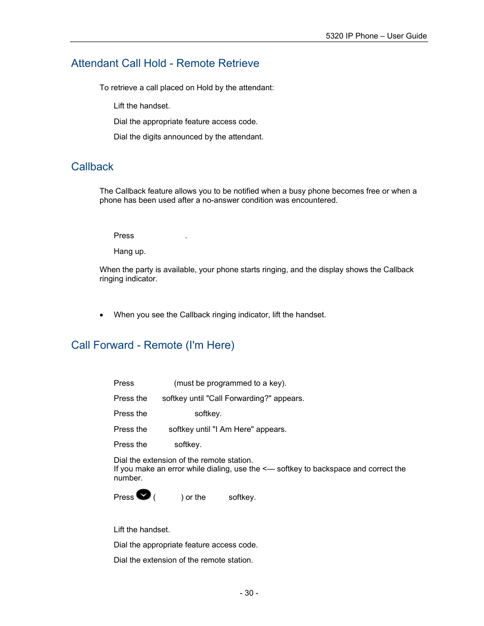Attendant call hold - remote retrieve, Callback, Call forward - remote (i'm here) | Mitel COMMUNICATION DIRECTOR 5320 User Manual | Page 36 / 58