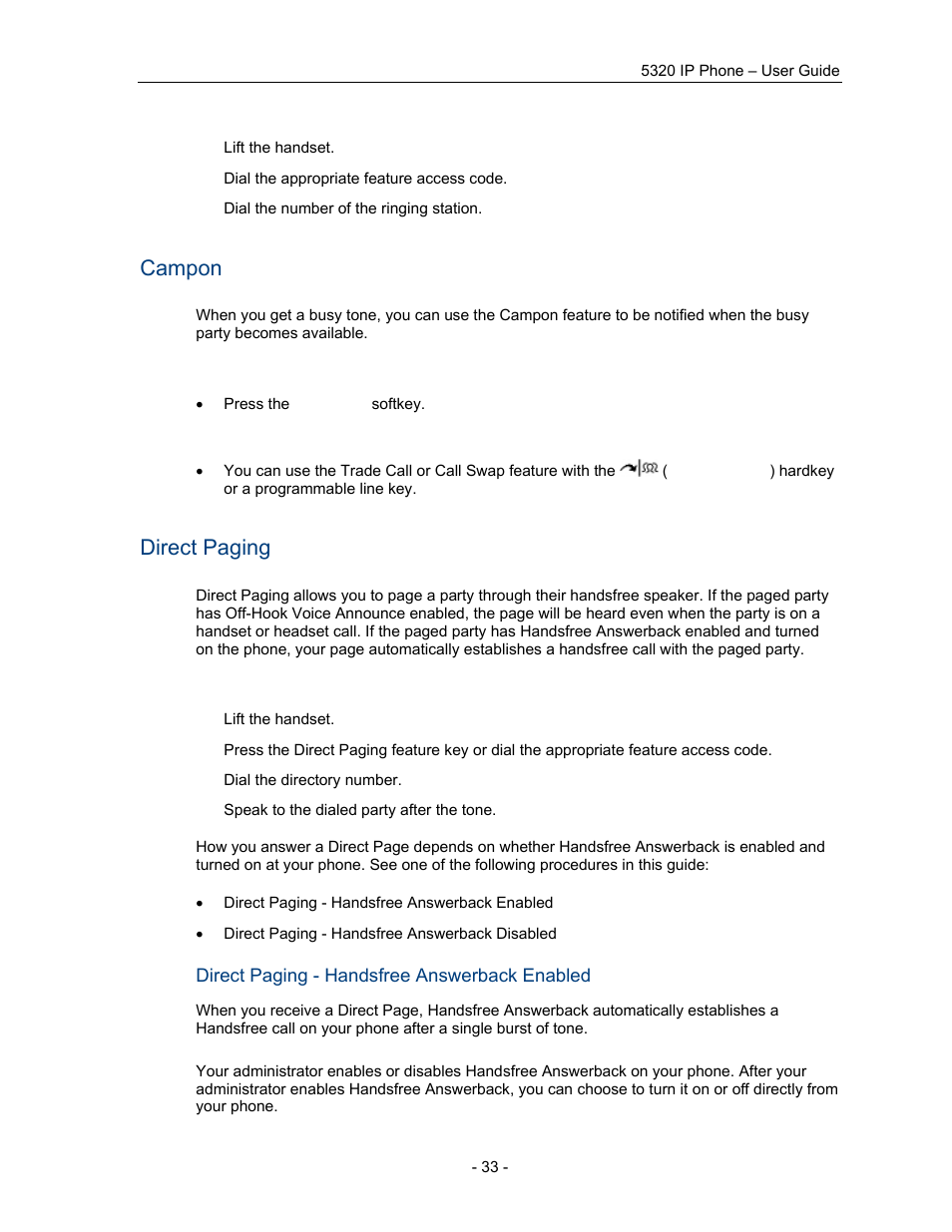 Campon, Direct paging, Direct paging - handsfree answerback enabled | Mitel COMMUNICATION DIRECTOR 5320 User Manual | Page 39 / 58