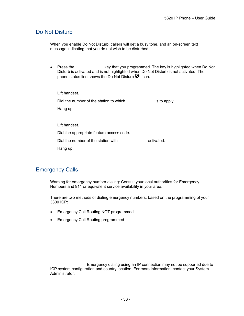 Do not disturb, Emergency calls | Mitel COMMUNICATION DIRECTOR 5320 User Manual | Page 42 / 58