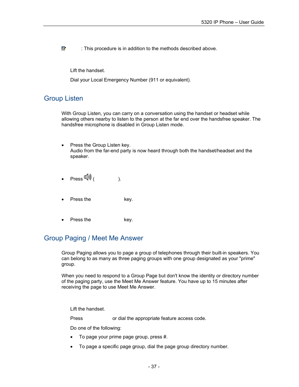 Group listen, Group paging / meet me answer | Mitel COMMUNICATION DIRECTOR 5320 User Manual | Page 43 / 58
