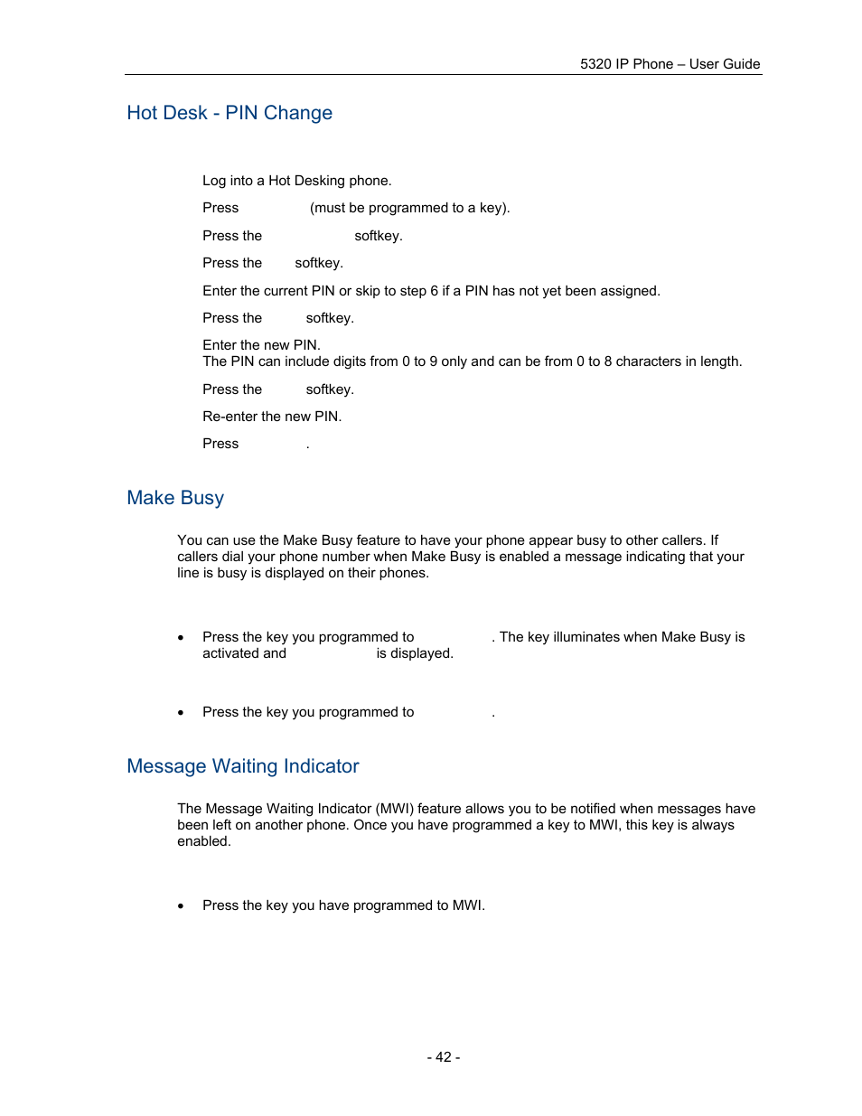 Hot desk - pin change, Make busy, Message waiting indicator | Mitel COMMUNICATION DIRECTOR 5320 User Manual | Page 48 / 58