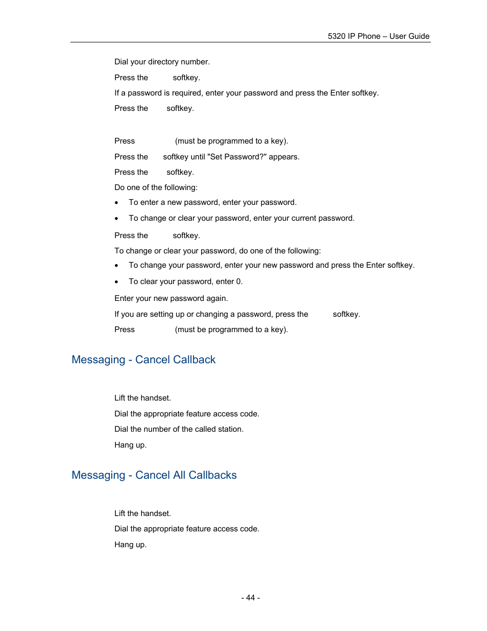 Messaging - cancel callback, Messaging - cancel all callbacks | Mitel COMMUNICATION DIRECTOR 5320 User Manual | Page 50 / 58