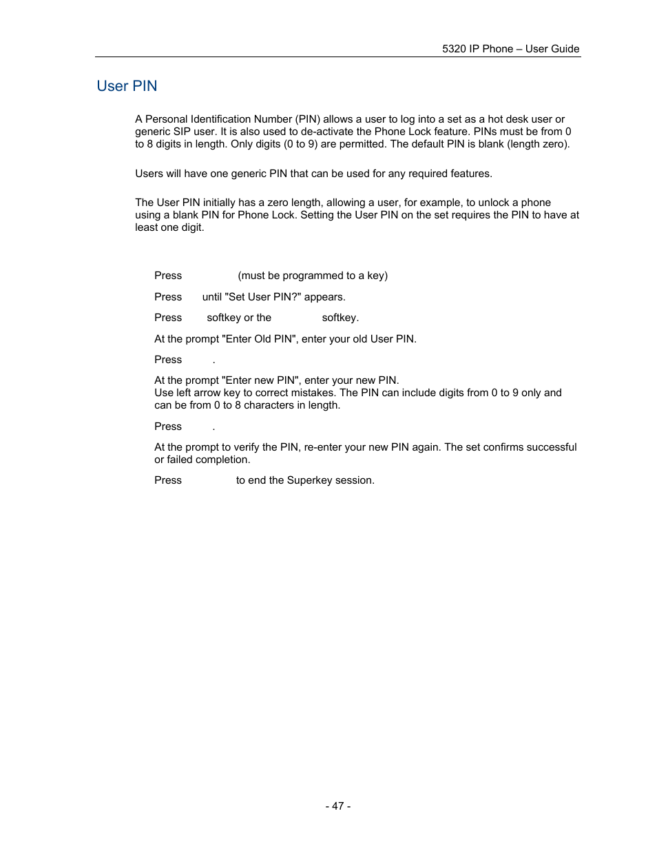 User pin | Mitel COMMUNICATION DIRECTOR 5320 User Manual | Page 53 / 58