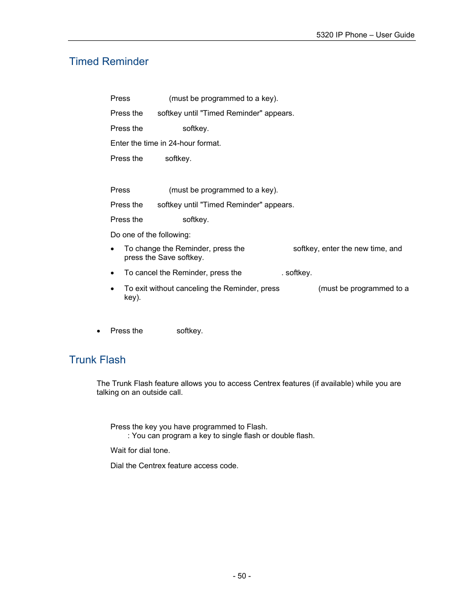 Timed reminder, Trunk flash | Mitel COMMUNICATION DIRECTOR 5320 User Manual | Page 56 / 58