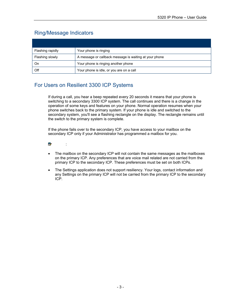 Ring/message indicators, For users on resilient 3300 icp systems | Mitel COMMUNICATION DIRECTOR 5320 User Manual | Page 9 / 58