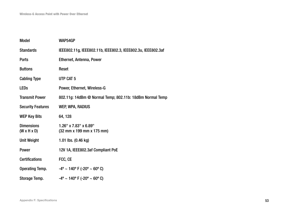 Appendix f: specifications | Mitel WAP54GP User Manual | Page 59 / 68