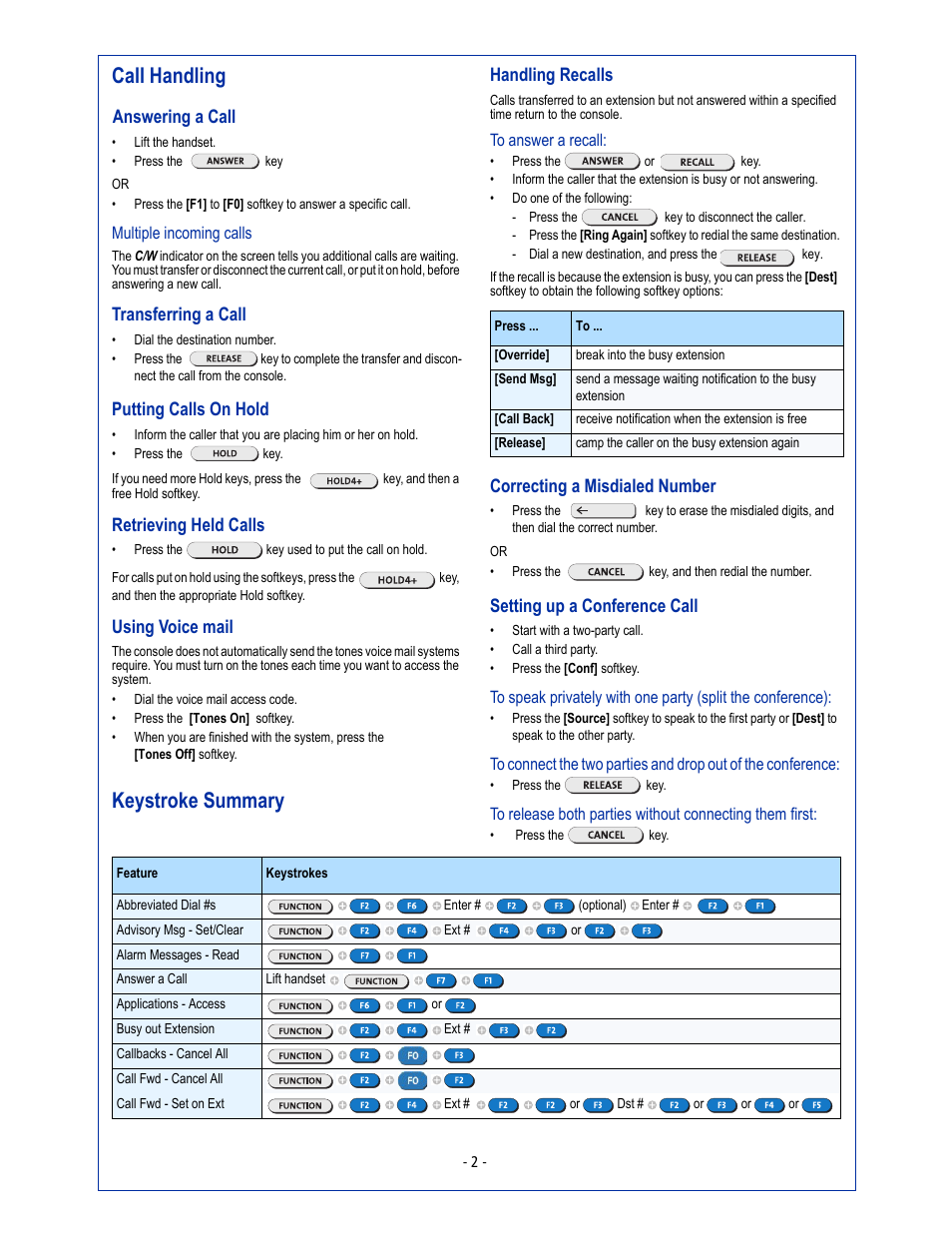Call handling, Keystroke summary, Quick reference guide | Answering a call, Transferring a call, Putting calls on hold, Retrieving held calls, Using voice mail, Handling recalls, Correcting a misdialed number | Mitel 5540 User Manual | Page 2 / 4