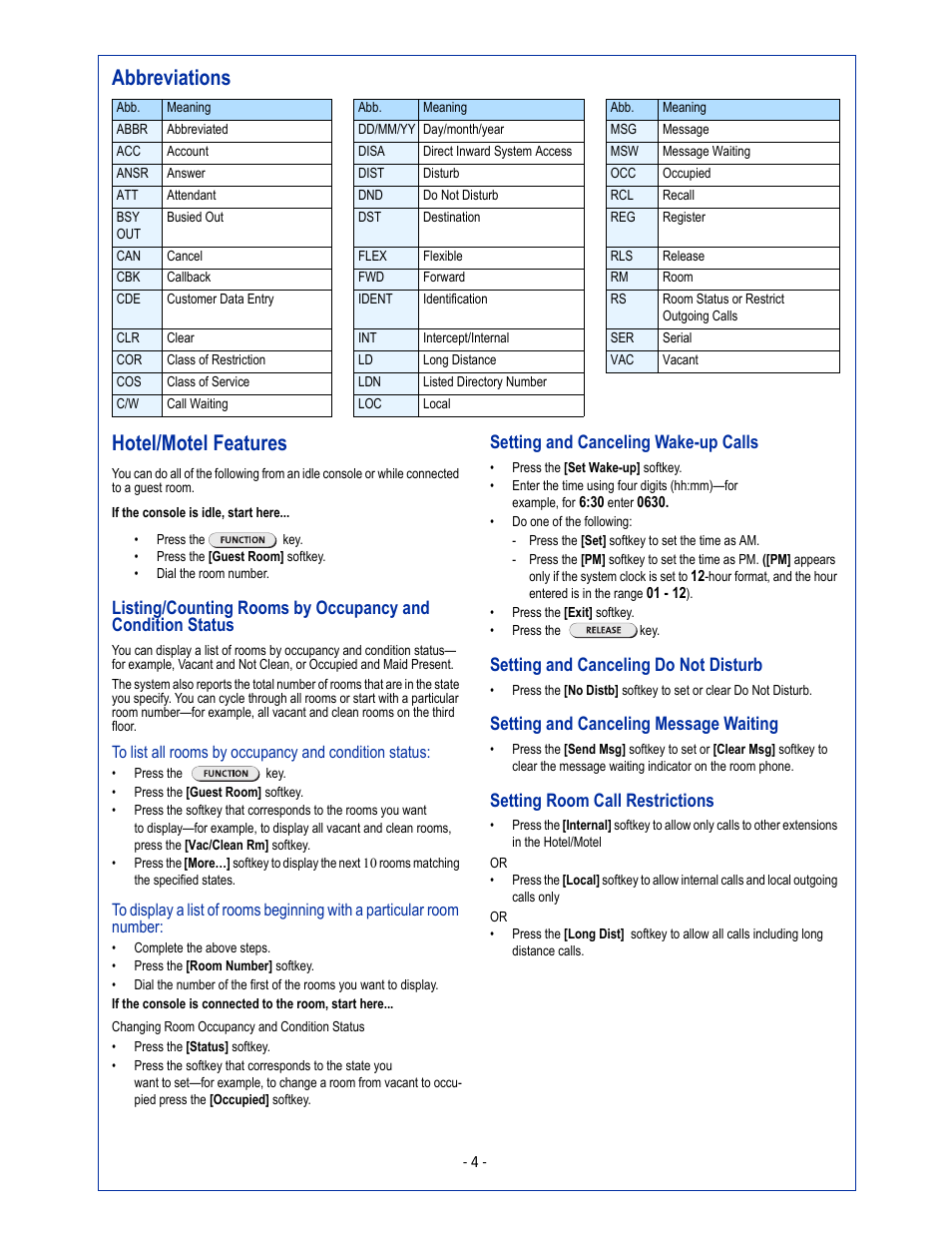 Abbreviations hotel/motel features, Quick reference guide, Setting and canceling wake-up calls | Setting and canceling do not disturb, Setting and canceling message waiting, Setting room call restrictions | Mitel 5540 User Manual | Page 4 / 4
