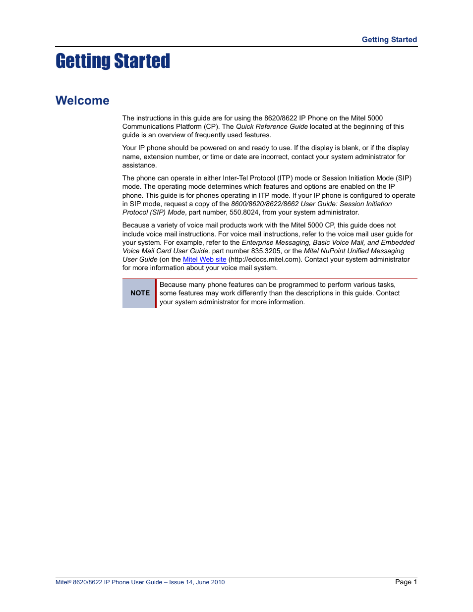 Getting started, Welcome | Mitel 8620 User Manual | Page 15 / 80