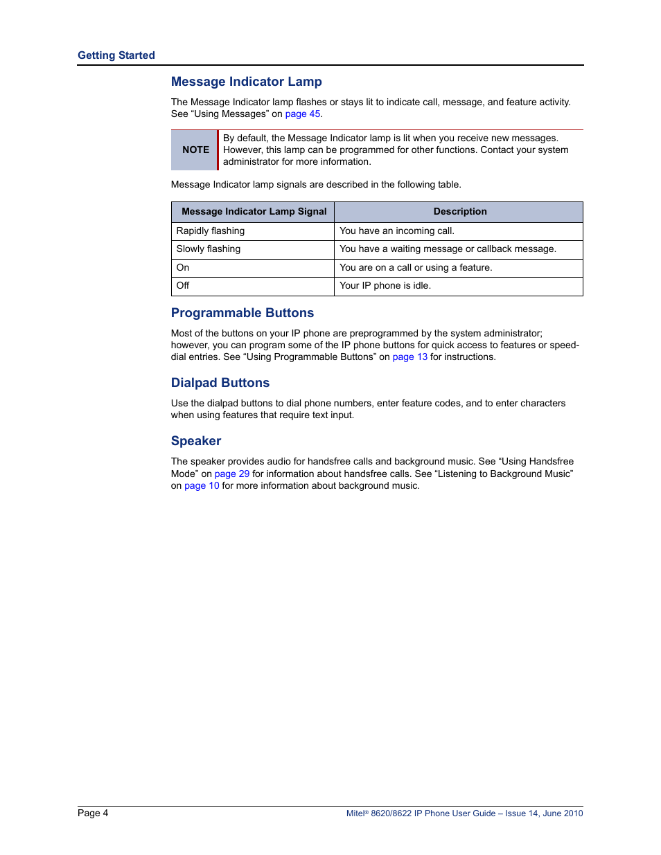 Message indicator lamp, Programmable buttons, Dialpad buttons | Speaker | Mitel 8620 User Manual | Page 18 / 80