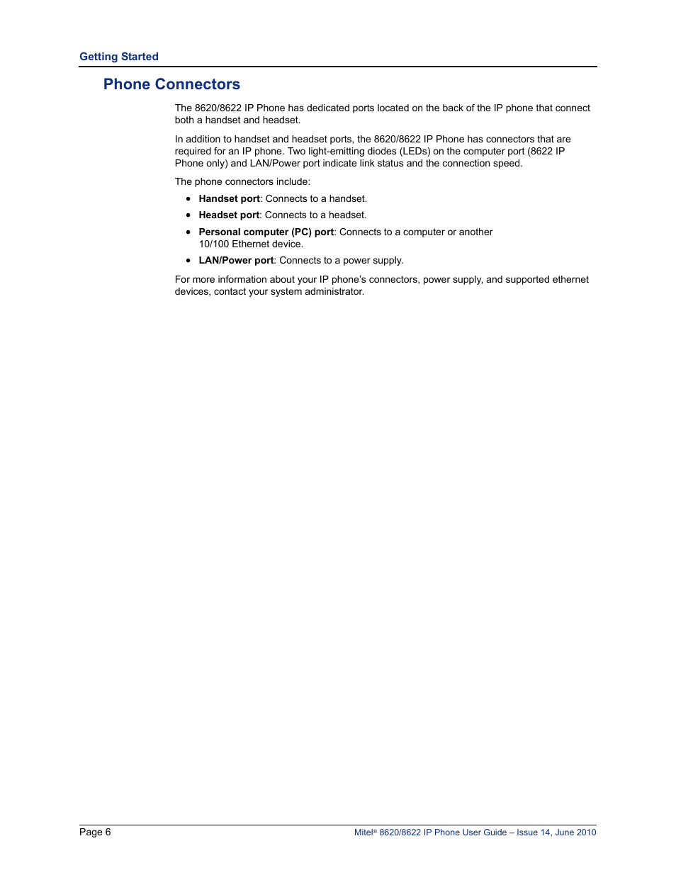 Phone connectors | Mitel 8620 User Manual | Page 20 / 80