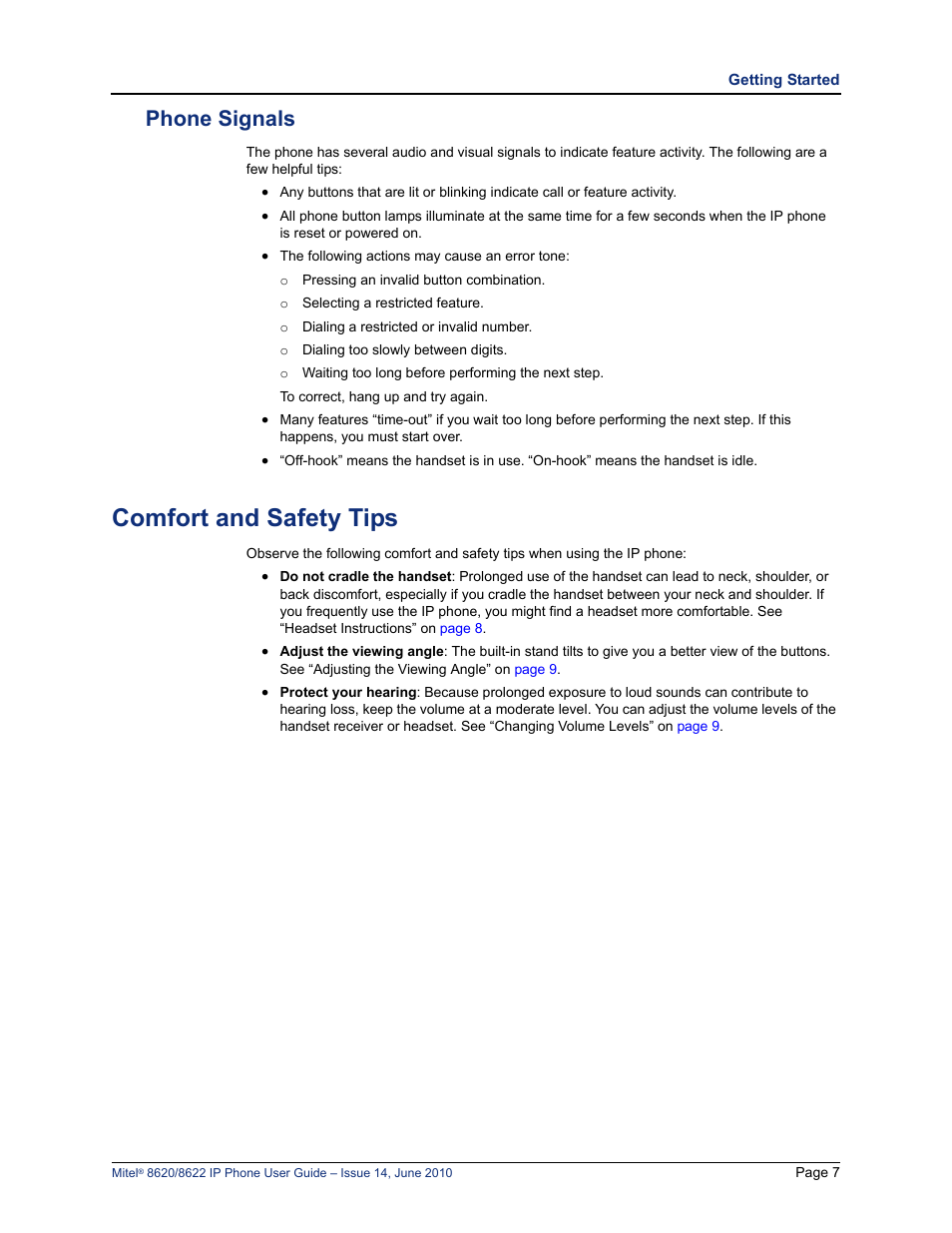Phone signals, Comfort and safety tips | Mitel 8620 User Manual | Page 21 / 80