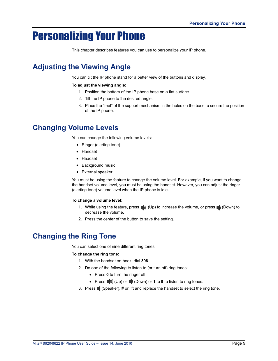 Personalizing your phone, Adjusting the viewing angle, Changing volume levels | Changing the ring tone, See “adjusting the viewing angle” on, Set. see “changing volume levels” on | Mitel 8620 User Manual | Page 23 / 80