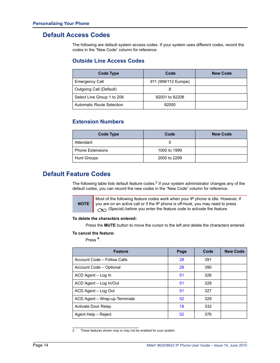 Default access codes, Outside line access codes, Extension numbers | Default feature codes, Outside line access codes extension numbers, D “default feature codes” on | Mitel 8620 User Manual | Page 28 / 80