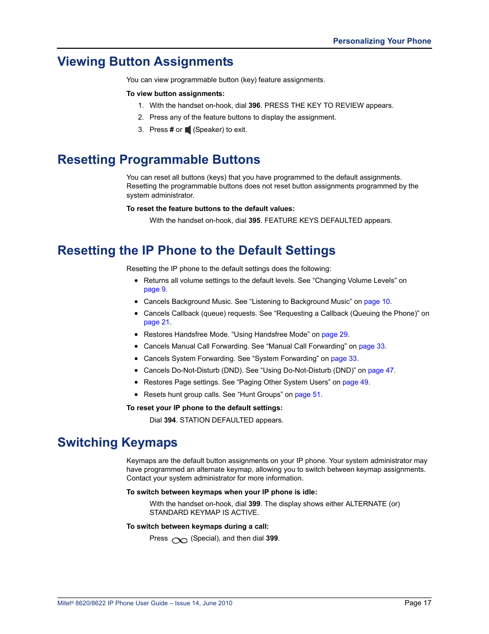 Viewing button assignments, Resetting programmable buttons, Resetting the ip phone to the default settings | Switching keymaps | Mitel 8620 User Manual | Page 31 / 80