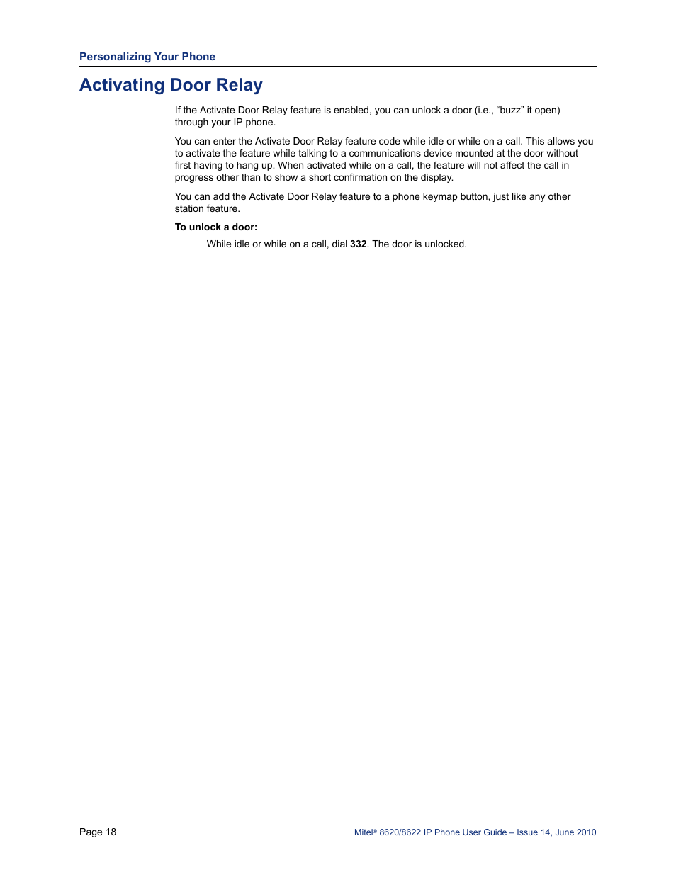 Activating door relay | Mitel 8620 User Manual | Page 32 / 80