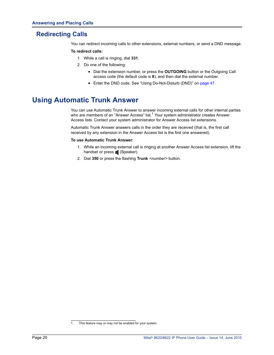 Redirecting calls, Using automatic trunk answer | Mitel 8620 User Manual | Page 34 / 80