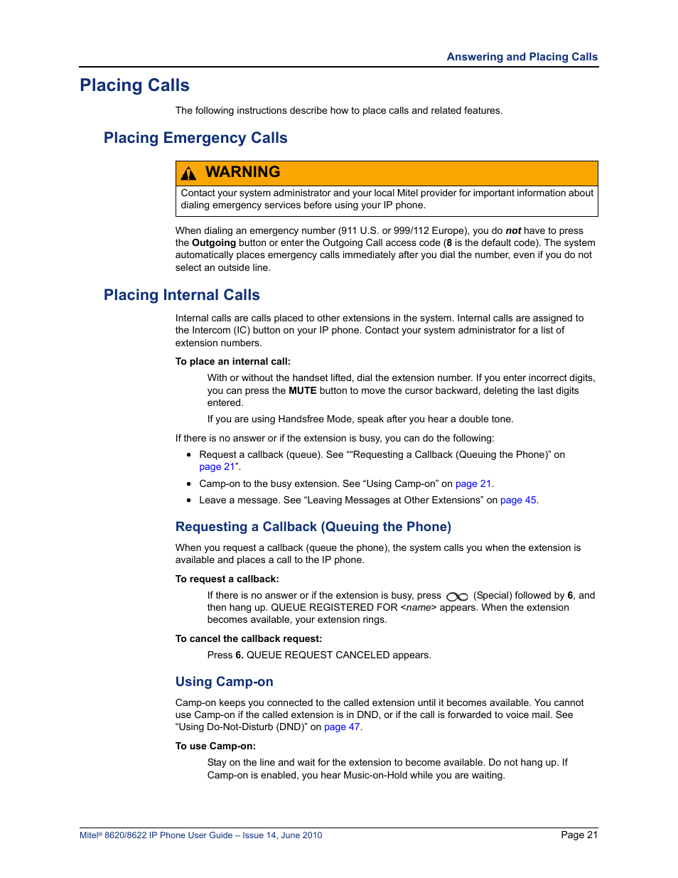 Placing calls, Placing emergency calls, Placing internal calls | Requesting a callback (queuing the phone), Using camp-on, Placing emergency calls placing internal calls, See “requesting a callback (queuing the phone)” on, Warning | Mitel 8620 User Manual | Page 35 / 80