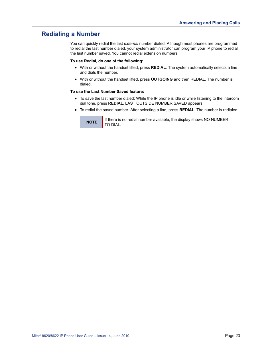 Redialing a number | Mitel 8620 User Manual | Page 37 / 80