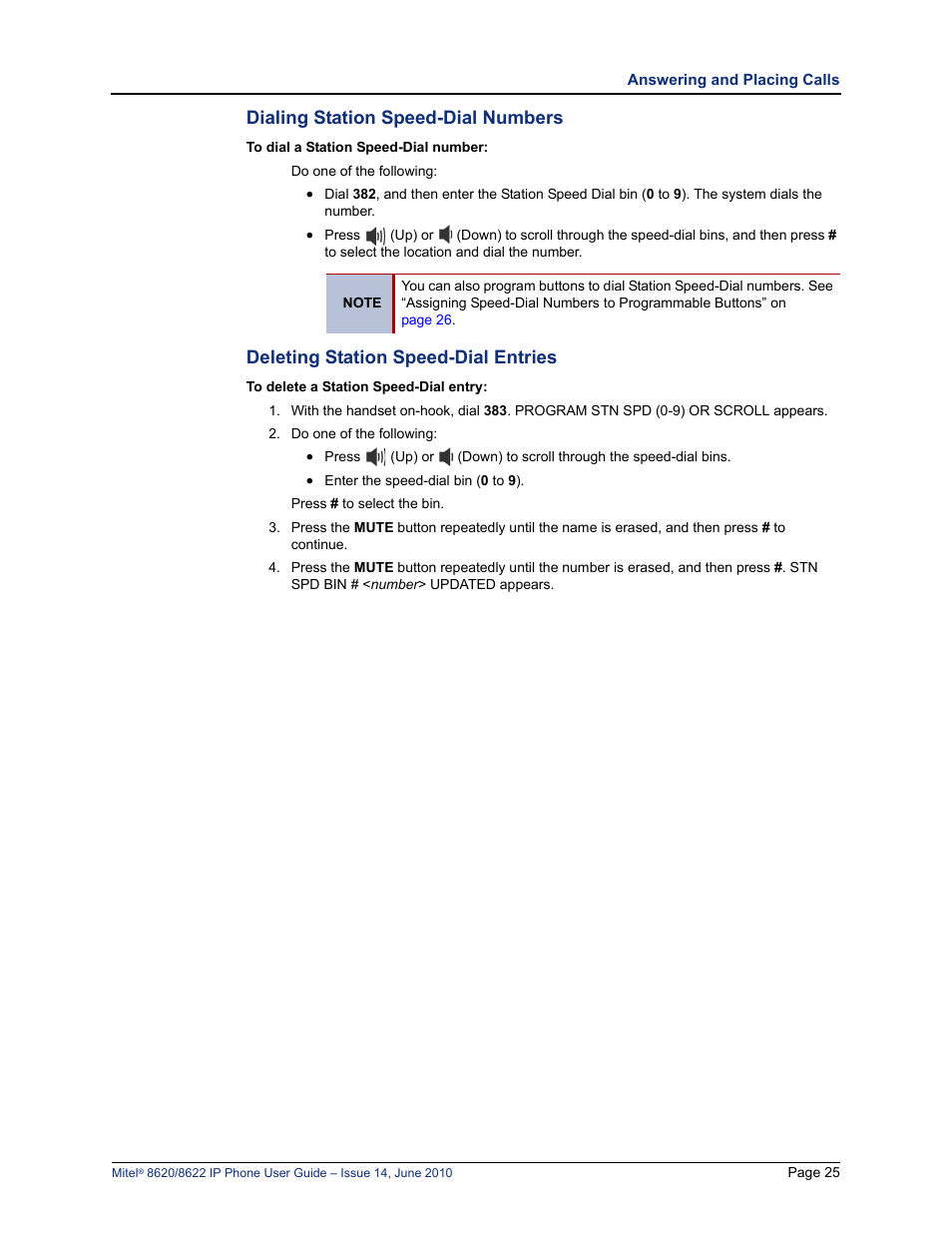 Dialing station speed-dial numbers, Deleting station speed-dial entries | Mitel 8620 User Manual | Page 39 / 80