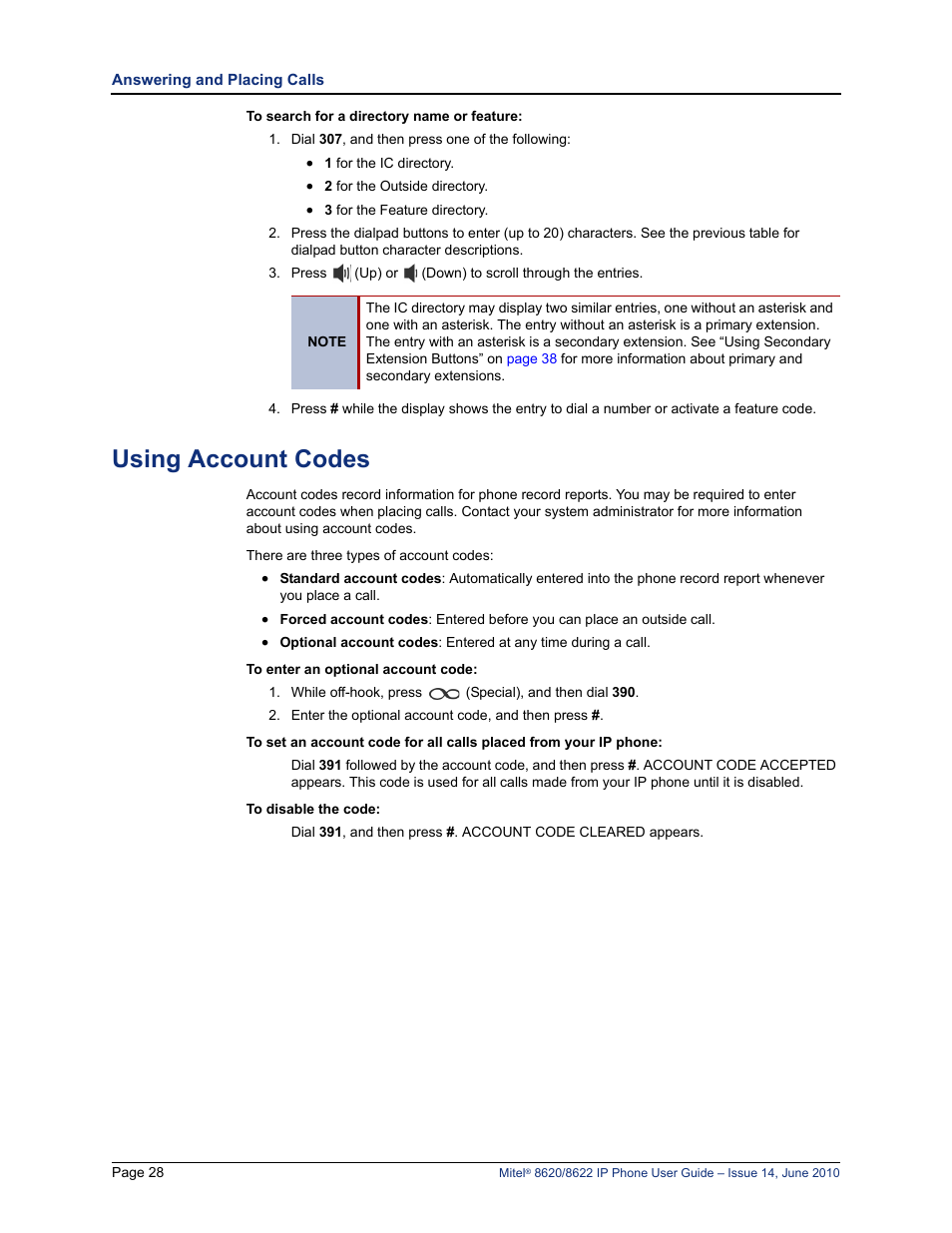 Using account codes, Using account codes” on | Mitel 8620 User Manual | Page 42 / 80