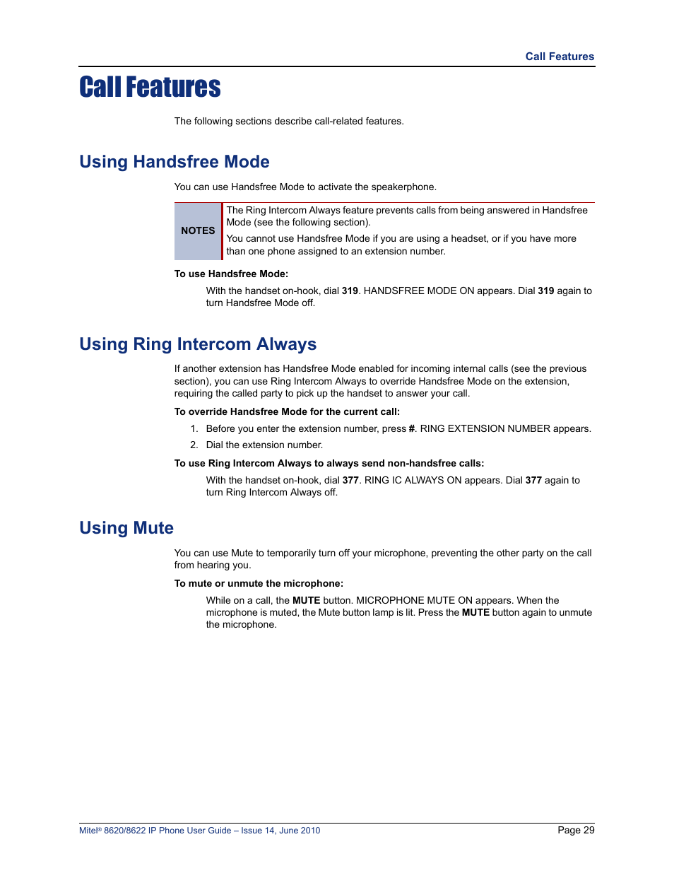 Call features, Using handsfree mode, Using ring intercom always | Using mute, E “using handsfree mode” on, Using handsfree mode” on | Mitel 8620 User Manual | Page 43 / 80