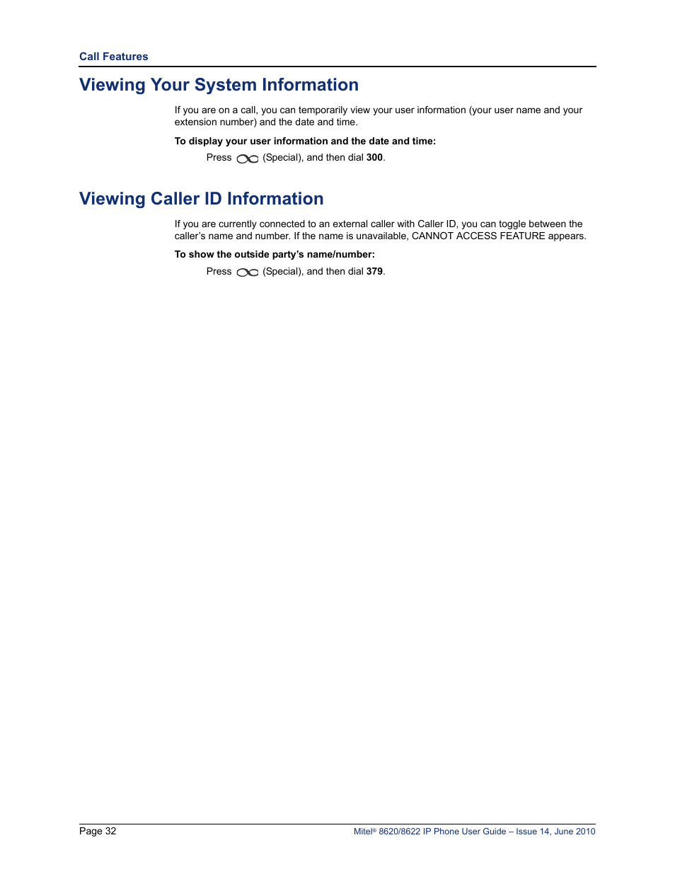 Viewing your system information, Viewing caller id information | Mitel 8620 User Manual | Page 46 / 80