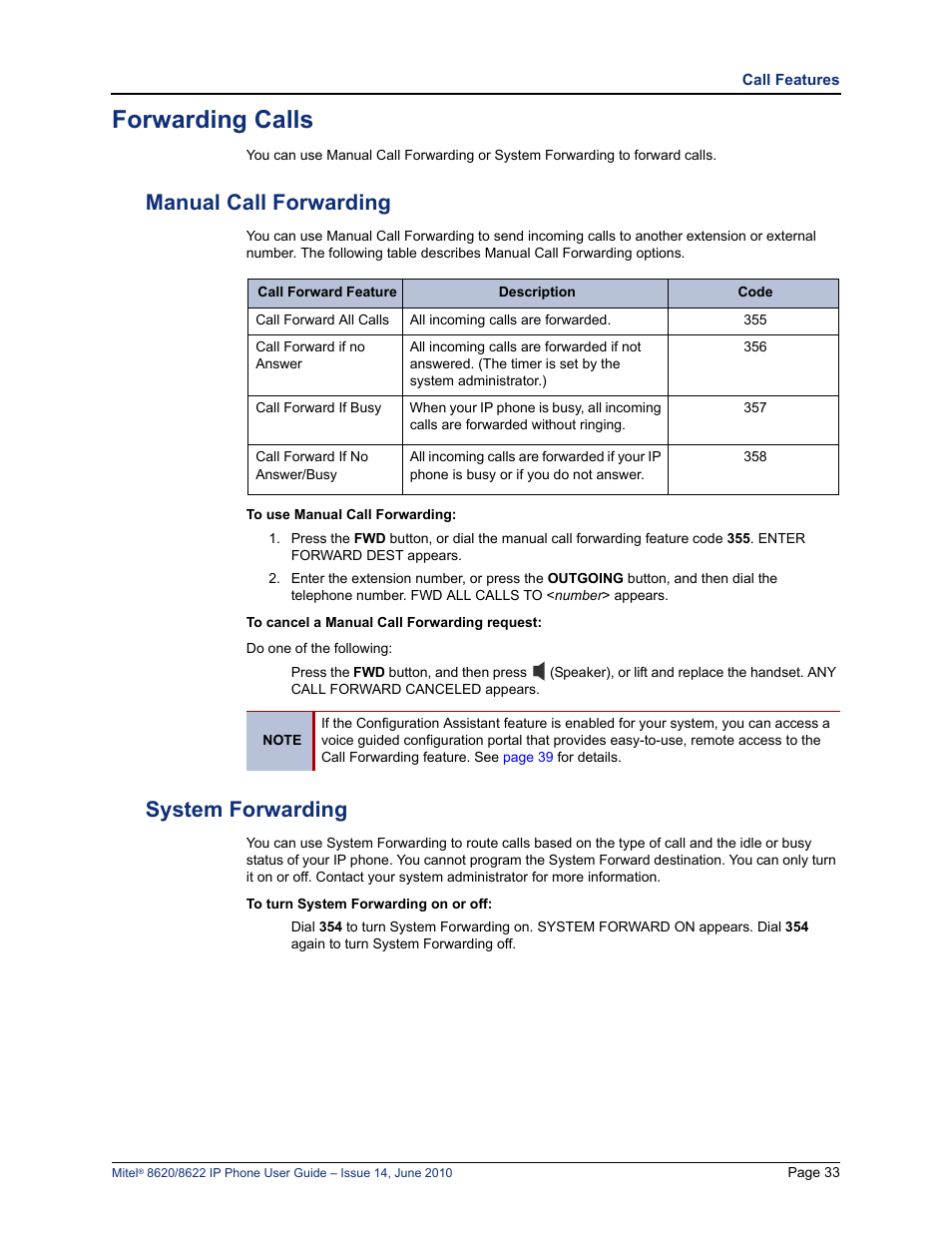 Forwarding calls, Manual call forwarding, System forwarding | Manual call forwarding system forwarding, E “manual call forwarding” on, System forwarding” on | Mitel 8620 User Manual | Page 47 / 80