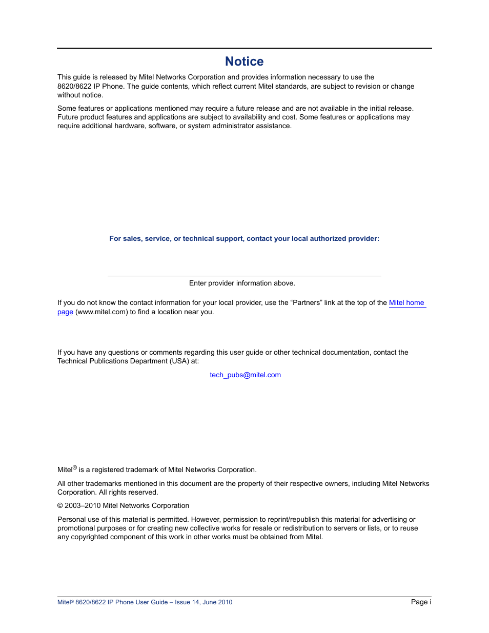 Notice | Mitel 8620 User Manual | Page 5 / 80