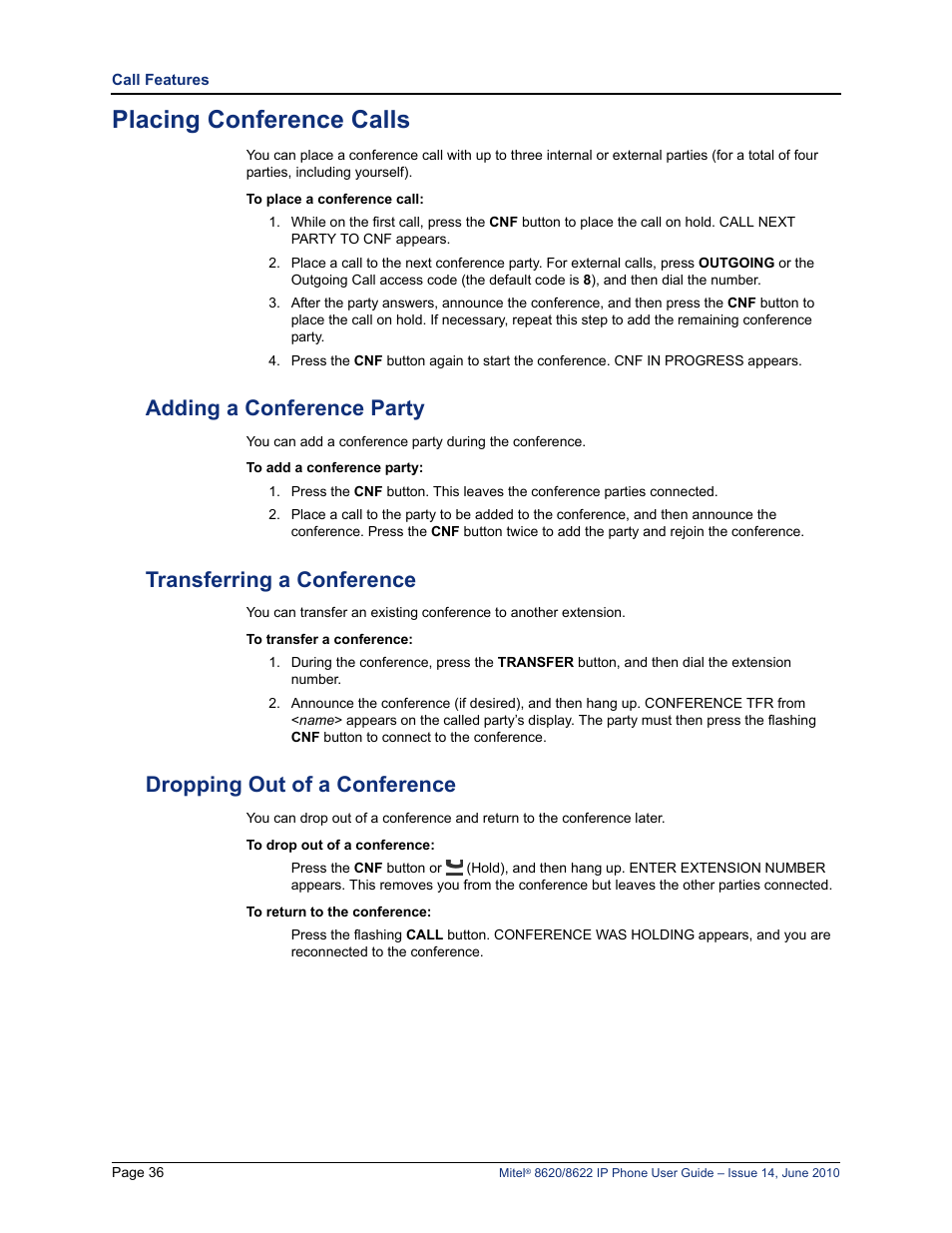 Placing conference calls, Adding a conference party, Transferring a conference | Dropping out of a conference | Mitel 8620 User Manual | Page 50 / 80