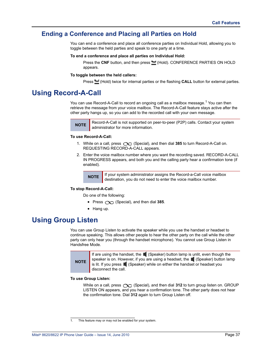 Using record-a-call, Using group listen | Mitel 8620 User Manual | Page 51 / 80