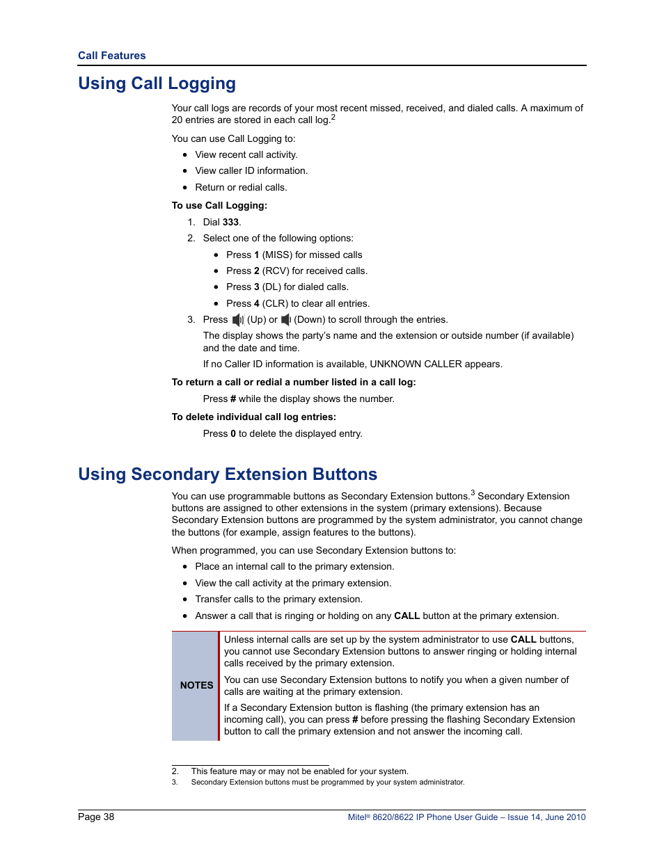 Using call logging, Using secondary extension buttons | Mitel 8620 User Manual | Page 52 / 80