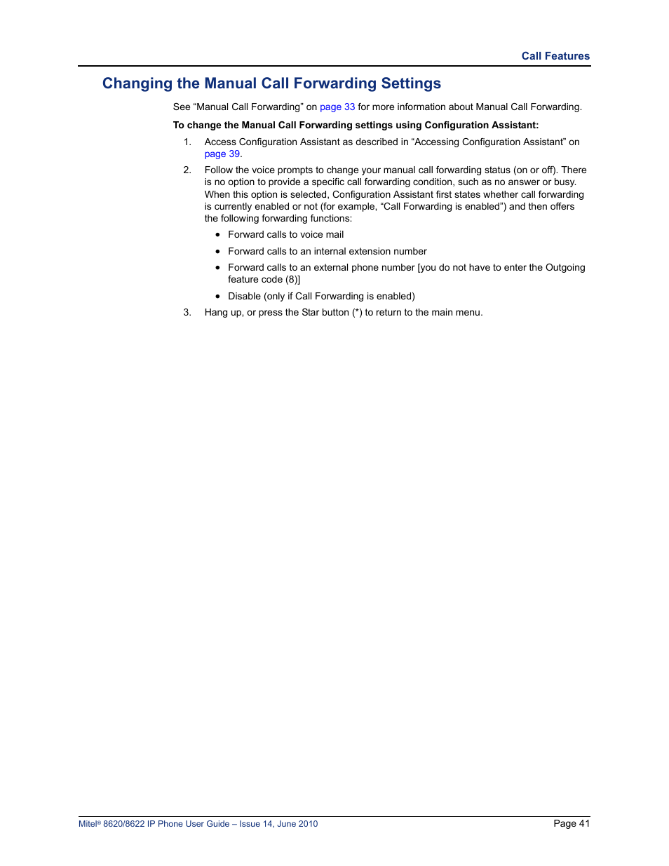 Changing the manual call forwarding settings | Mitel 8620 User Manual | Page 55 / 80