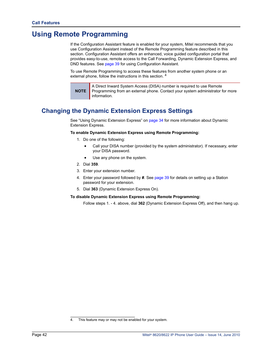 Using remote programming, Changing the dynamic extension express settings | Mitel 8620 User Manual | Page 56 / 80