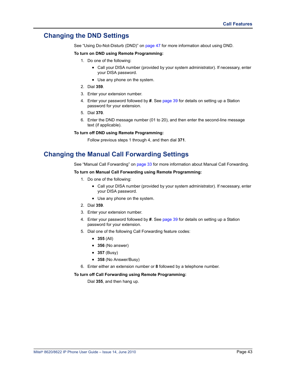 Changing the dnd settings, Changing the manual call forwarding settings | Mitel 8620 User Manual | Page 57 / 80