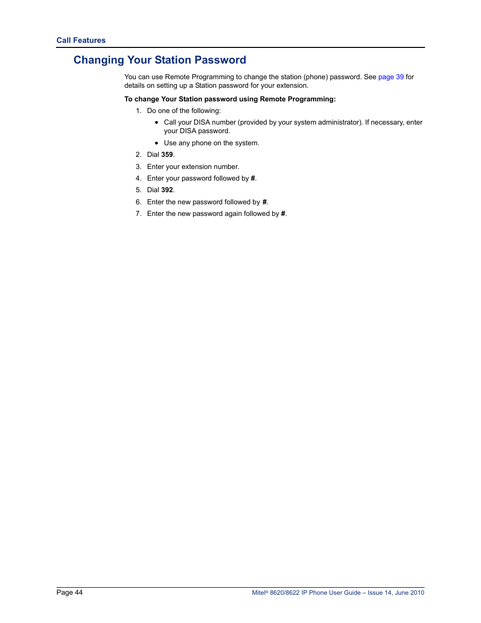 Changing your station password, Changing your station password” on | Mitel 8620 User Manual | Page 58 / 80