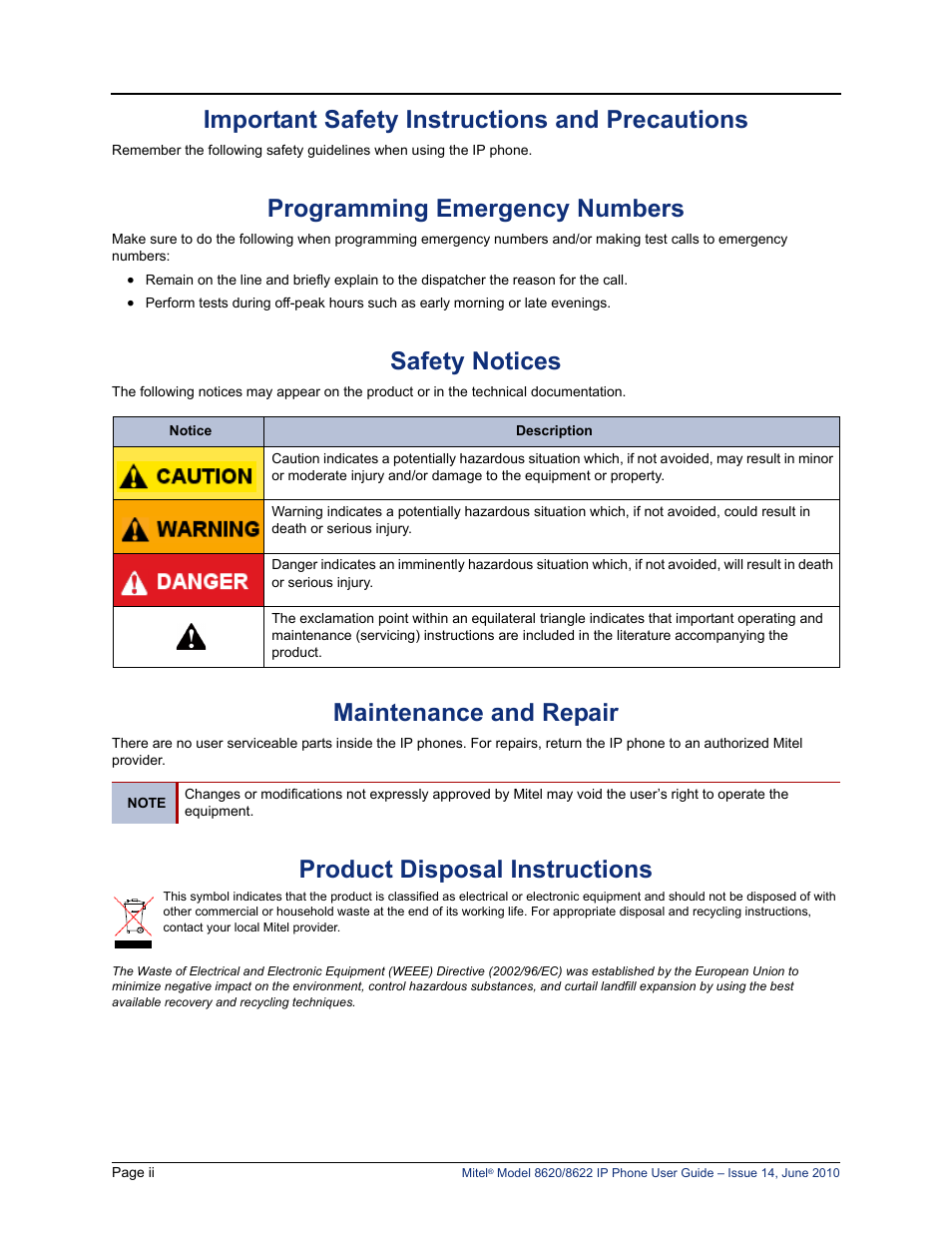 Important safety instructions and precautions, Programming emergency numbers, Safety notices | Maintenance and repair, Product disposal instructions | Mitel 8620 User Manual | Page 6 / 80