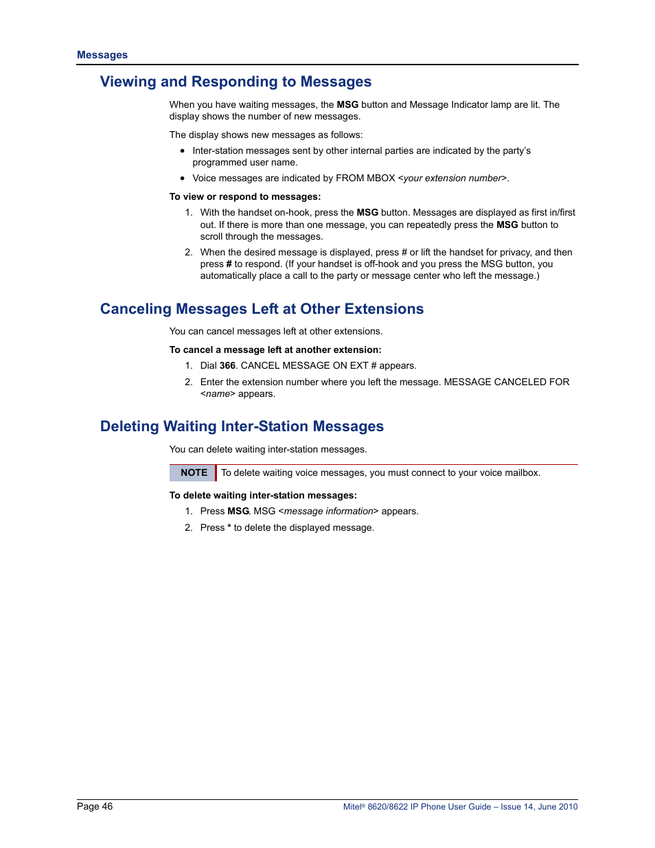 Viewing and responding to messages, Canceling messages left at other extensions, Deleting waiting inter-station messages | Mitel 8620 User Manual | Page 60 / 80