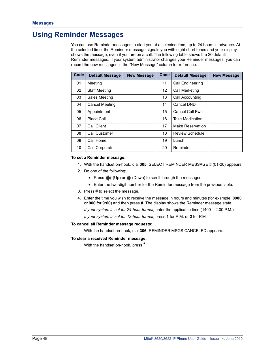Using reminder messages, E “using reminder messages” on | Mitel 8620 User Manual | Page 62 / 80