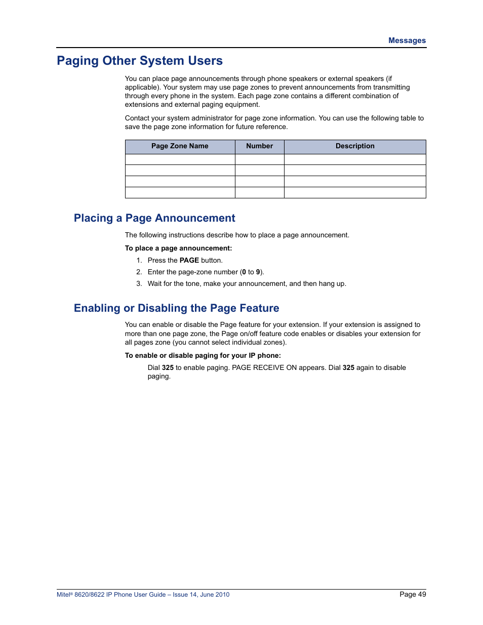 Paging other system users, S. see “paging other system users” on, Kers. see “paging other system users” on | Placing a page announcement, Enabling or disabling the page feature | Mitel 8620 User Manual | Page 63 / 80