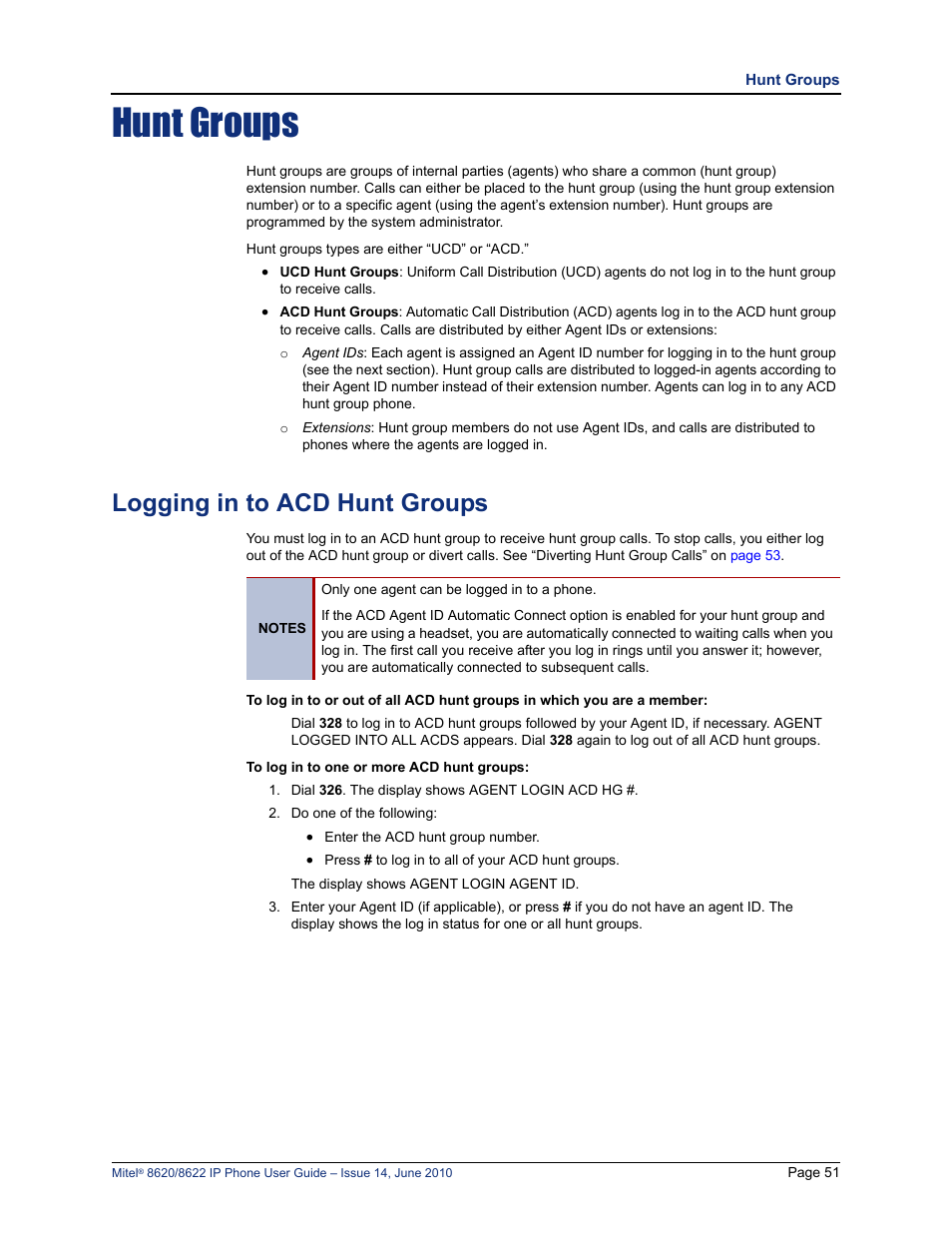 Hunt groups, Logging in to acd hunt groups, Hunt groups” on | Mitel 8620 User Manual | Page 65 / 80