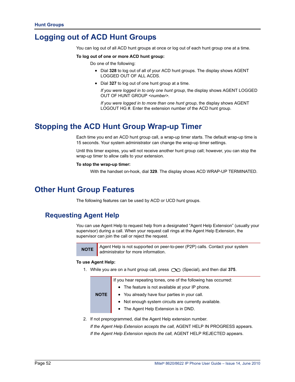 Logging out of acd hunt groups, Stopping the acd hunt group wrap-up timer, Other hunt group features | Requesting agent help | Mitel 8620 User Manual | Page 66 / 80