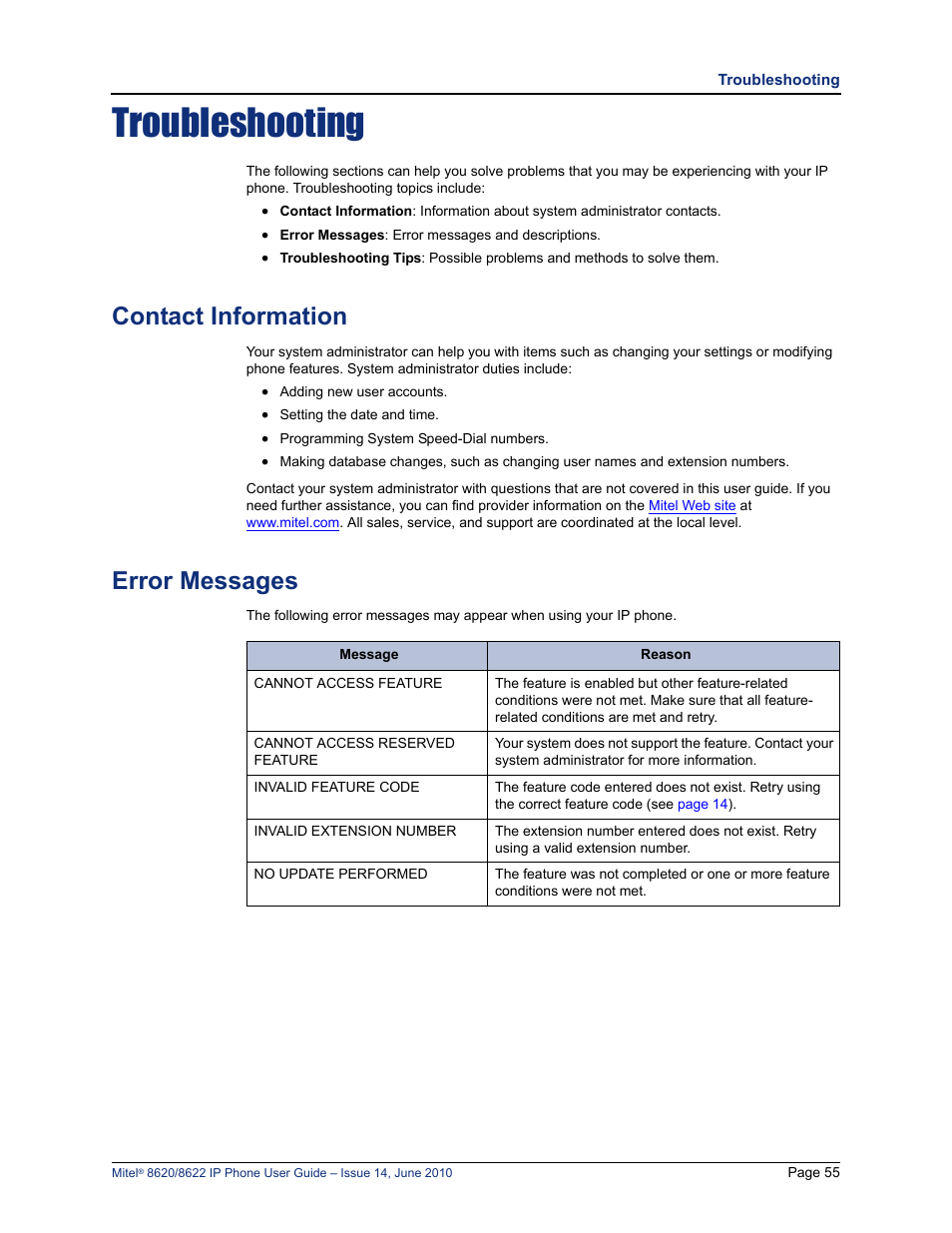 Troubleshooting, Contact information, Error messages | Mitel 8620 User Manual | Page 69 / 80