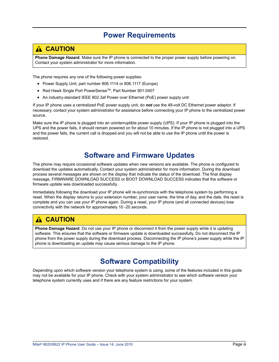 Power requirements, Software and firmware updates, Software compatibility | Caution | Mitel 8620 User Manual | Page 7 / 80