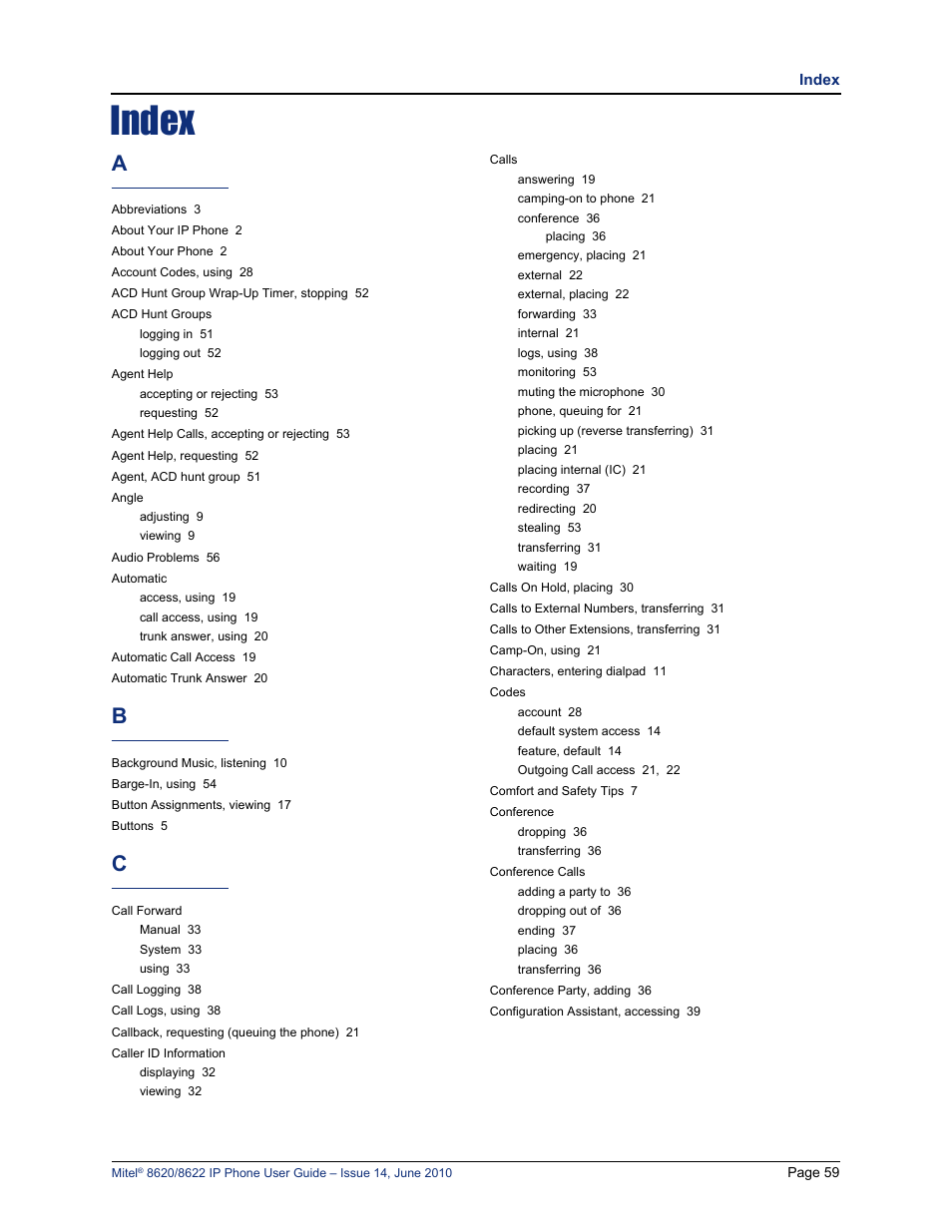 Index | Mitel 8620 User Manual | Page 73 / 80