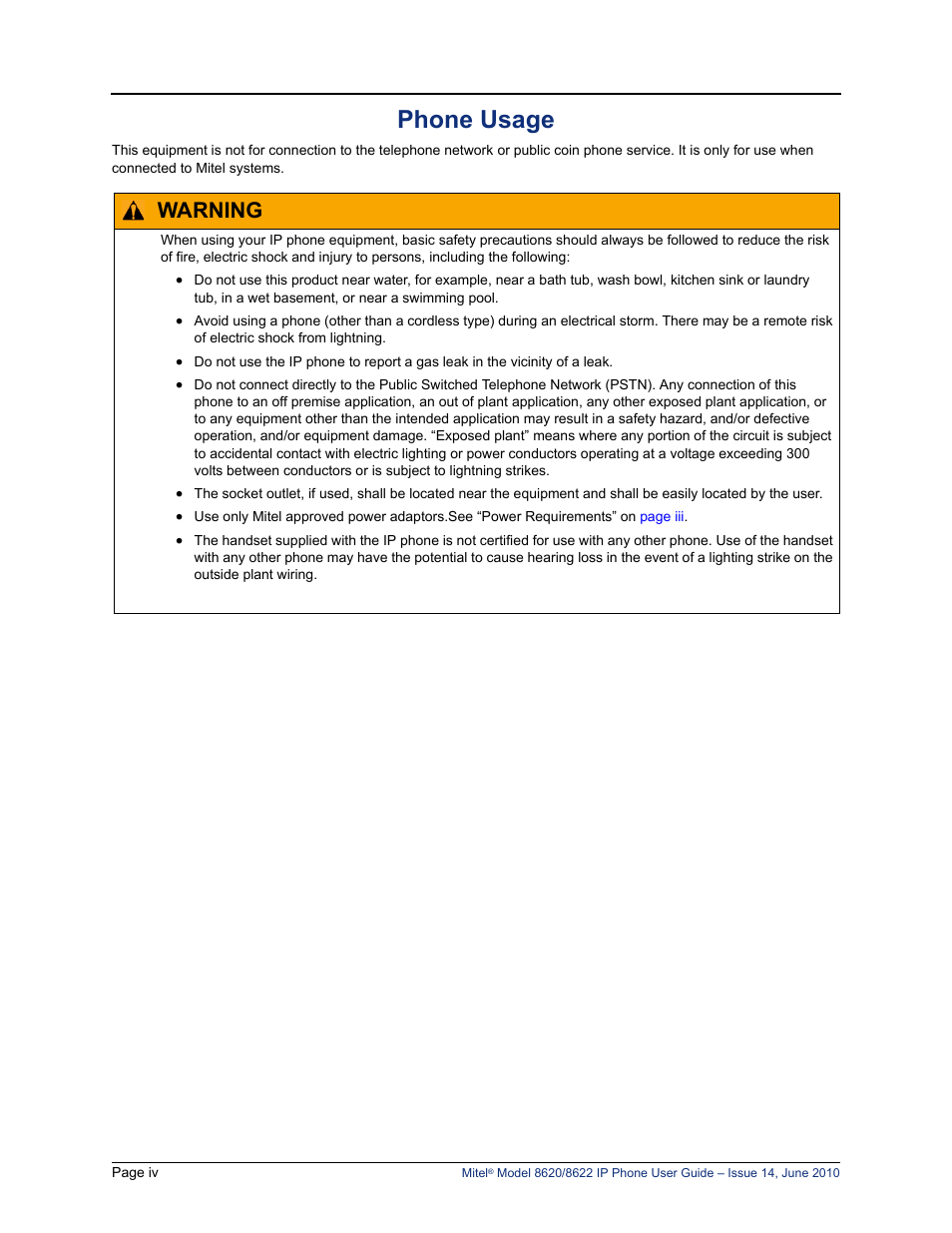Phone usage, Warning | Mitel 8620 User Manual | Page 8 / 80
